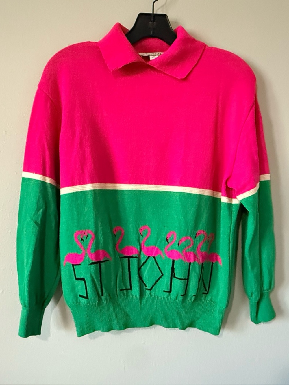 St John Miami Pink Flamingo Collared Sweater Vintage Top Long Sleeve Small - Picture 1 of 6
